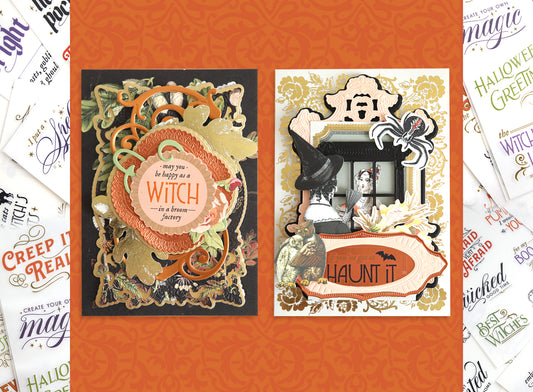 Two ornate Halloween greeting cards with layered decorations, featuring phrases like "may you be happy as a witch" and "Haunt It," displayed on an orange patterned background.
