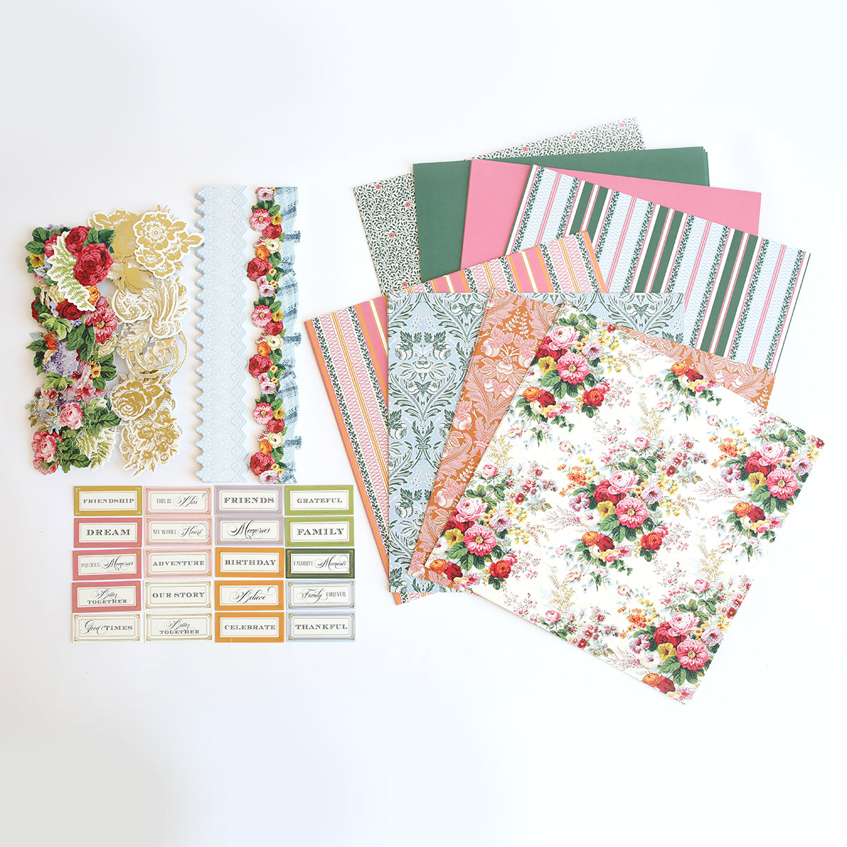 The Annalise 12x12 Cardstock and Embellishments collection features a stunning assortment of papers and cards adorned with beautiful floral designs and embellishments.