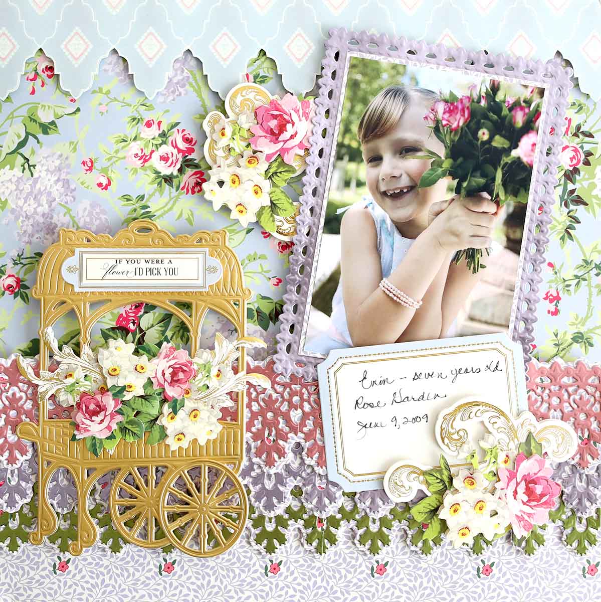 A scrapbook page from the Annalise 12x12 Cardstock and Embellishments collection, featuring a picture of a girl alongside a carriage, adorned with beautiful embellishments and papers.