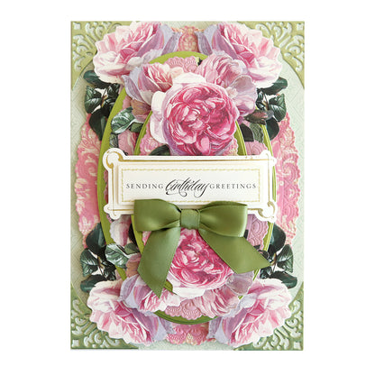 Anna's first Anniversary Paper Crafting Collection designs featuring floral motifs, including a card adorned with pink roses and a green bow.