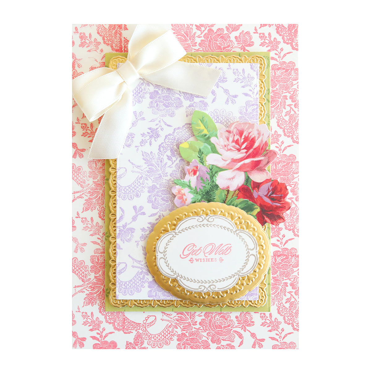 A pink and white Anniversary Stamp Set with a bow and flowers. The set features a border and background adorned with delicate flowers.