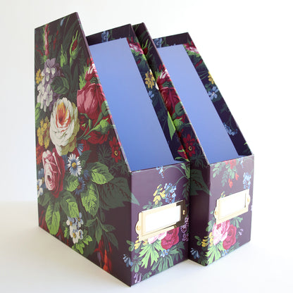 Two Set of 2 Die Storage Boxes - Astrid with an aubergine floral pattern on a white surface.