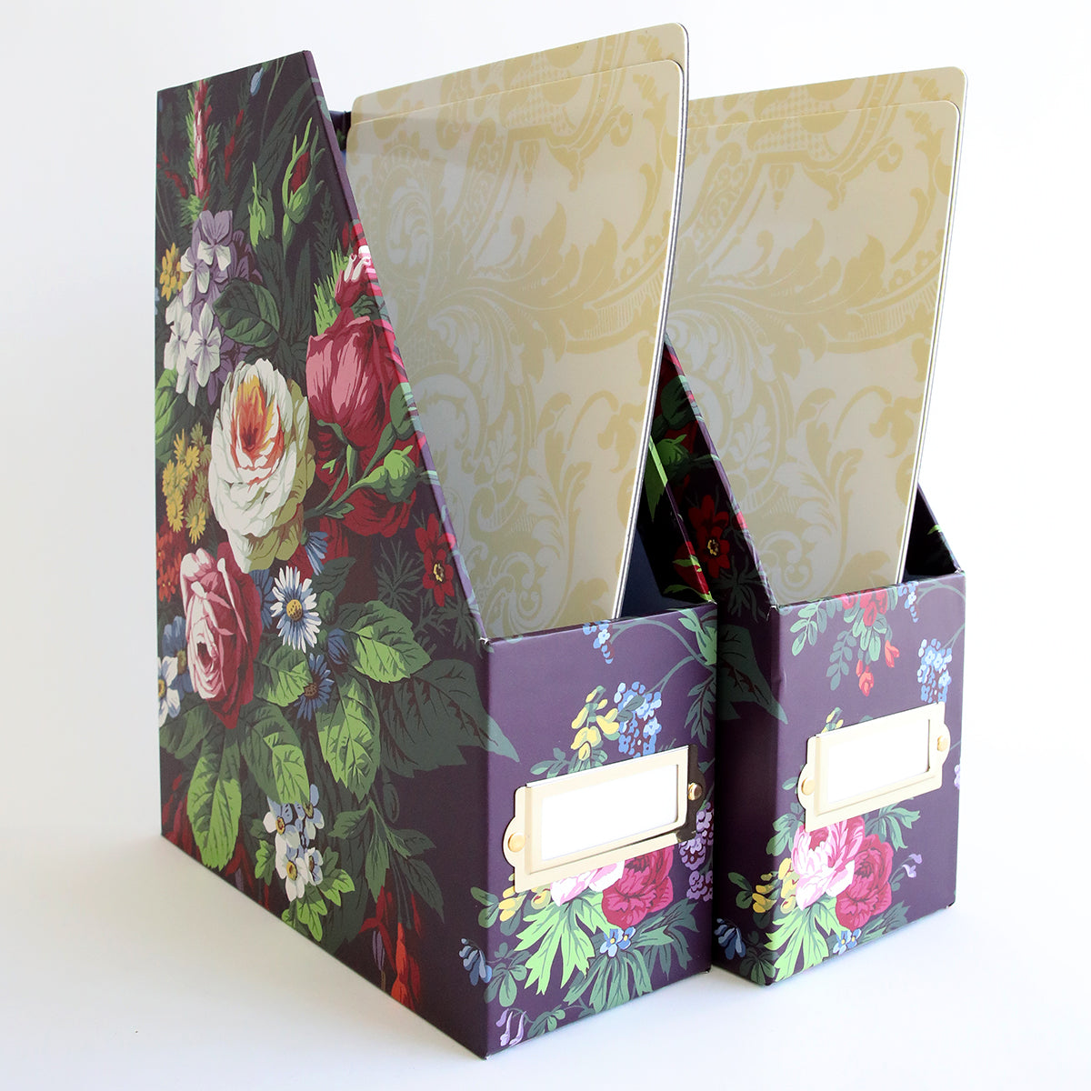 Two Set of 2 Die Storage Boxes - Astrid on a white surface with an aubergine floral pattern.