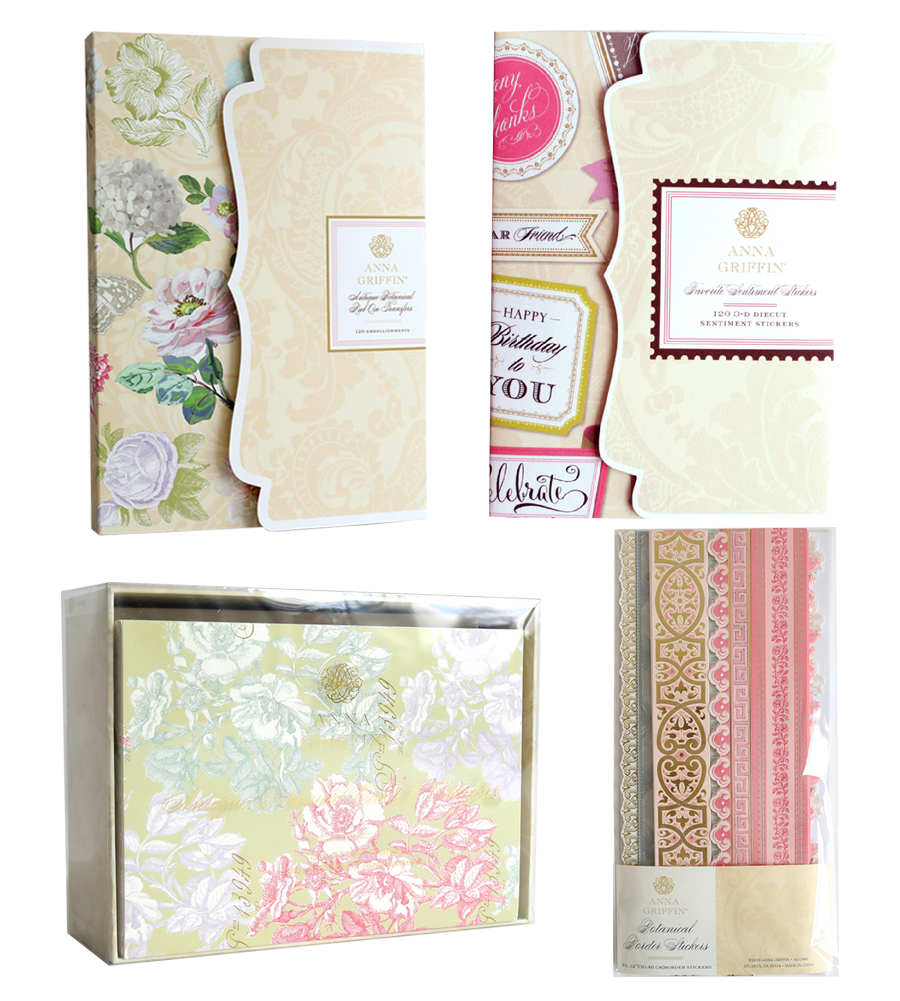 Four decorative stationery sets are displayed, each featuring the Beautiful Botanical Bundle’s floral and ornate patterns in soft pastel tones. The sets are packaged in clear boxes with elegant, vintage-inspired labels on the front. Perfect for layered card making or elevating your collection, these sets also pair beautifully with antique botanical rub-on transfers, allowing you to craft charming, handcrafted pieces.