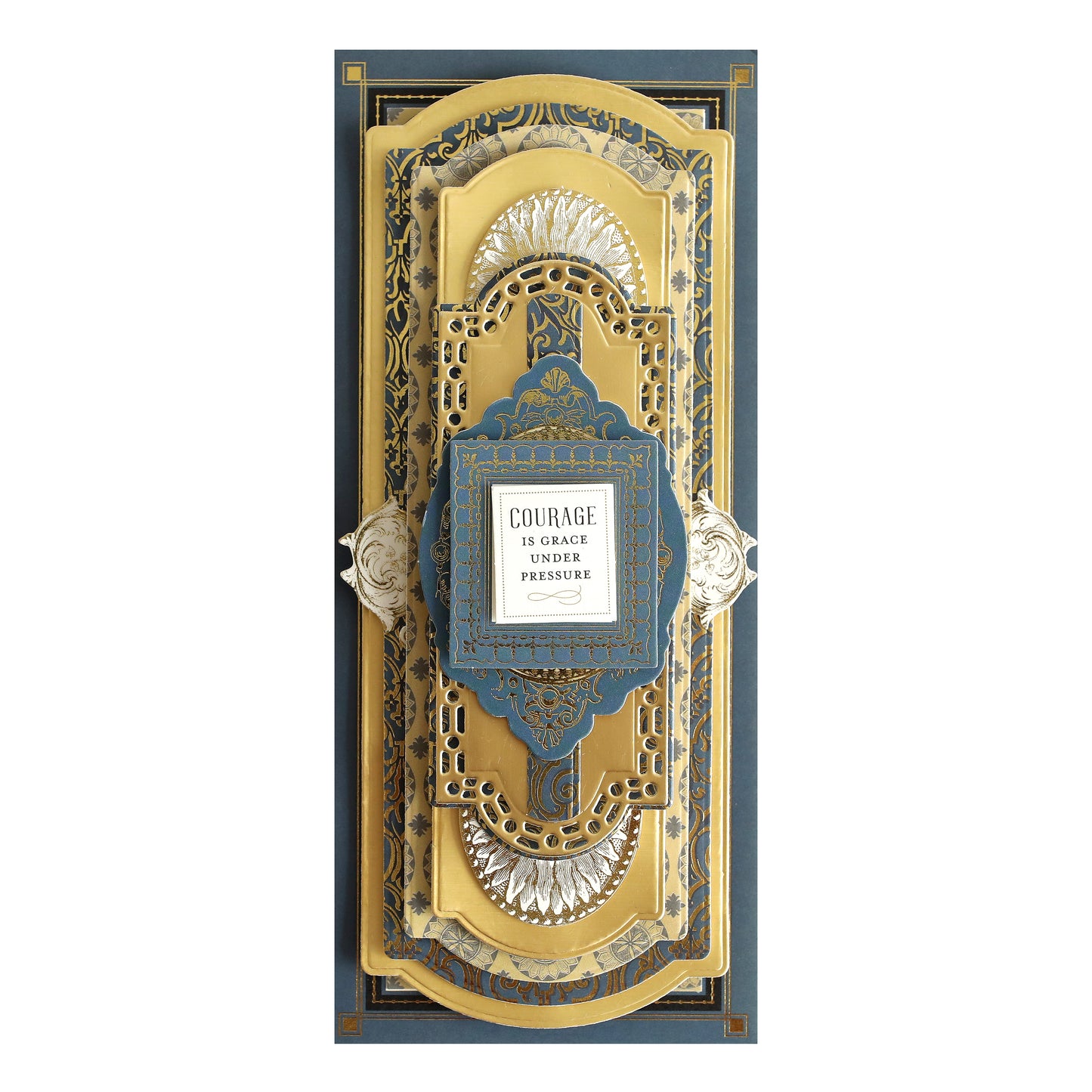 Beaux Regards Slimline Cards and Envelopes are pre-folded blue and gold cards with an ornate design, perfect for cardmaking enthusiasts. They include envelopes.