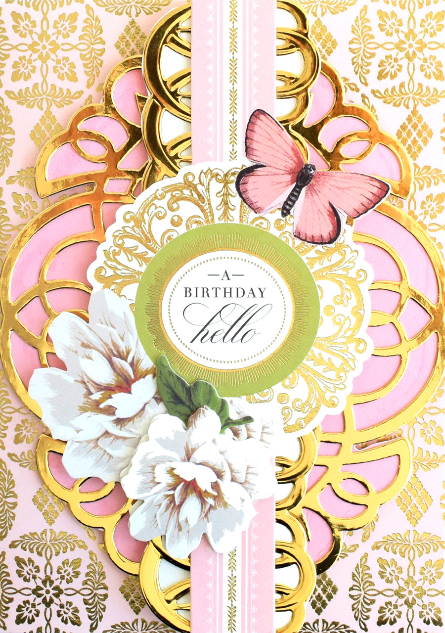 Add a touch of elegance to your collection with Birthday Collage Card Toppers, featuring gold and pink ornate patterns, white flowers, a pink butterfly, and a central round label reading “A Birthday Hello.” Perfect for vintage collage embellishments or as a stunning birthday card topper.