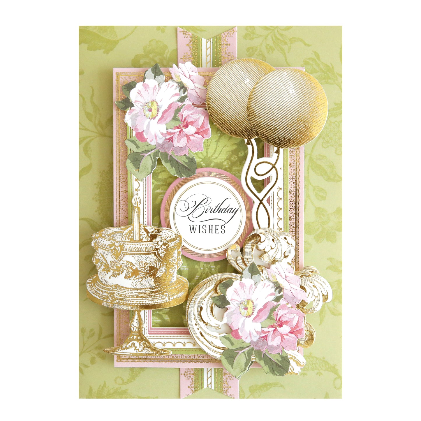 A decorative Birthday Greetings Card Making Kit featuring pink flowers, gold ornaments, and the text "Birthday Wishes" on a green patterned background.