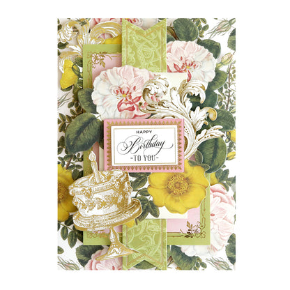 The Birthday Greetings Card Making Bundle includes decorative floral patterns, layered designs, collage card toppers, a gold cake illustration, and a "Happy Birthday to You" label for crafting unique birthday cards.