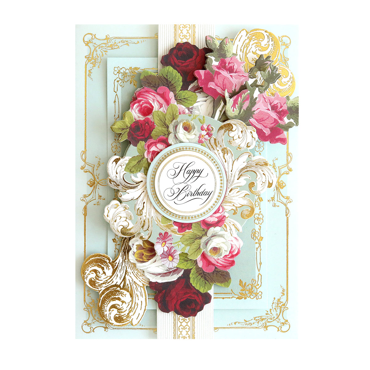 A Birthday Greetings Card Making Kit adorned with a floral arrangement of roses and intricate gold accents, featuring the words "Happy Birthday" in elegant script at the center.