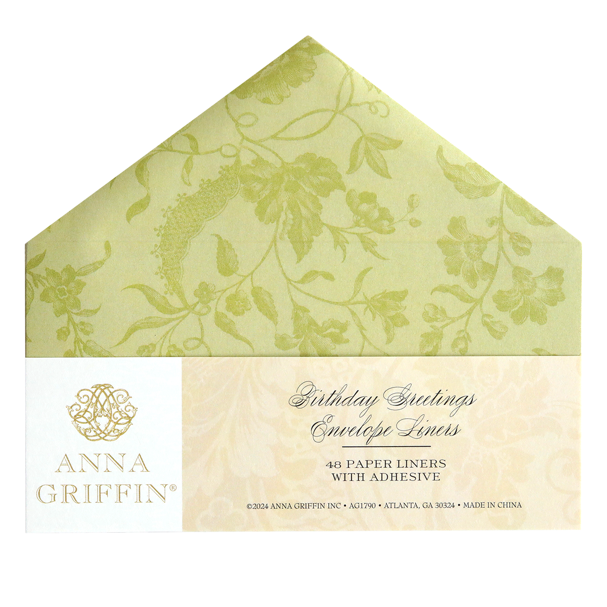 A package of Birthday Greetings Envelope Liners with adhesive, containing 48 paper liners featuring a floral design and foil accents. Perfect for adding an elegant touch to your handmade cards. Made in China.