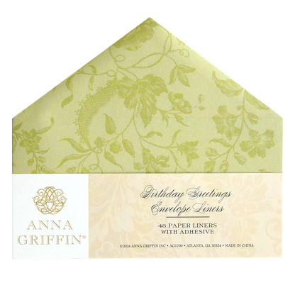 A package of Birthday Greetings Envelope Liners with adhesive, containing 48 paper liners featuring a floral design and foil accents. Perfect for adding an elegant touch to your handmade cards. Made in China.