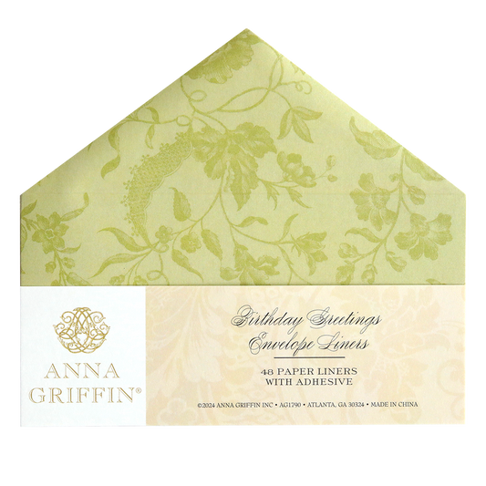 A package of Birthday Greetings Envelope Liners with adhesive, containing 48 paper liners featuring a floral design and foil accents. Perfect for adding an elegant touch to your handmade cards. Made in China.