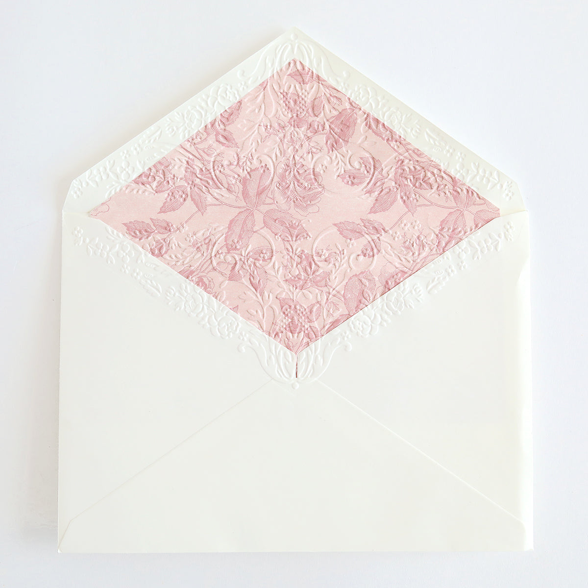 A white envelope with an intricate floral pattern lining in pastel pink is open, revealing the decorative interior of the Birthday Greetings Envelope Liners, perfect for complementing handmade cards.