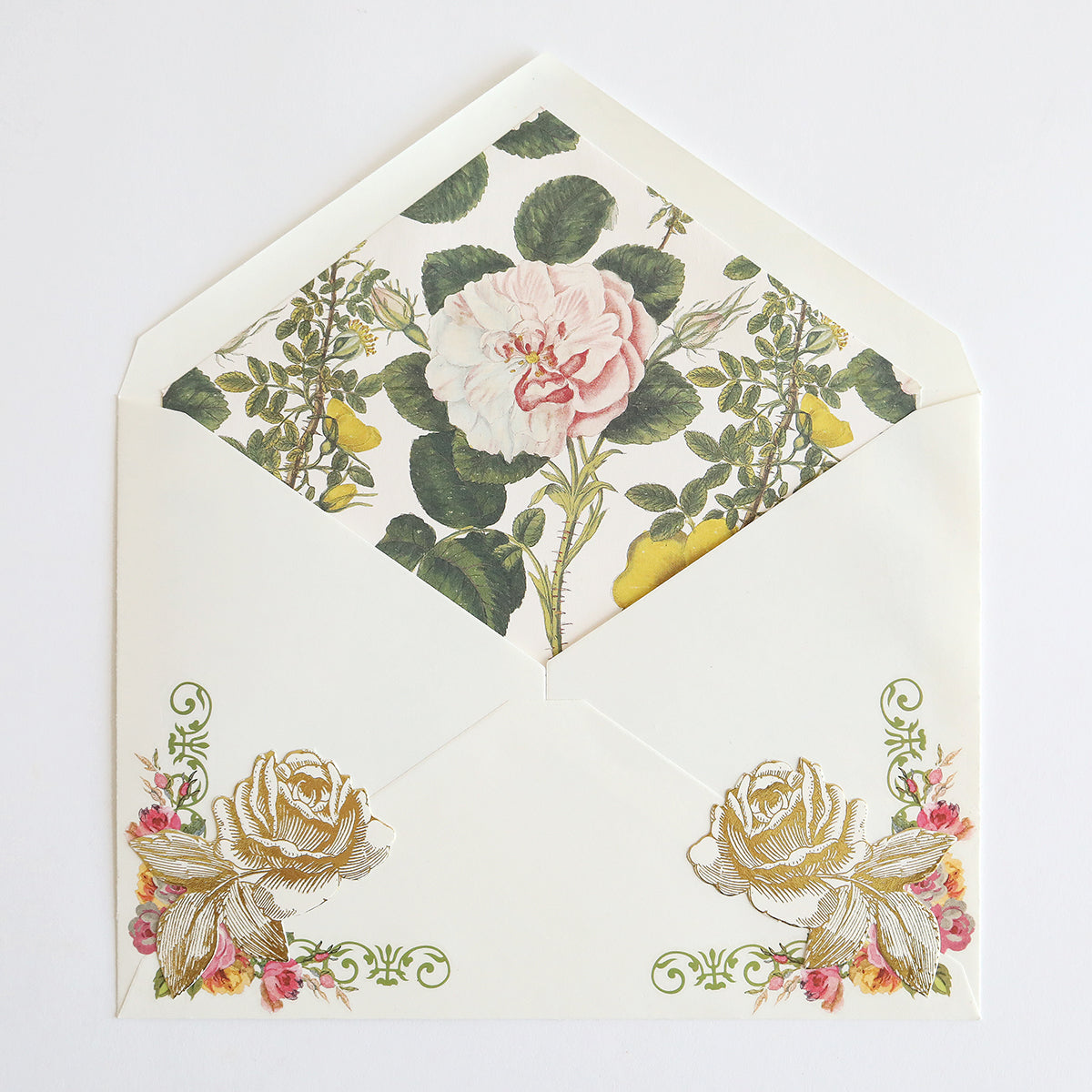 An open envelope with floral patterns inside and rose designs on the outside, showcasing elegant Birthday Greetings Envelope Liners against a white background.