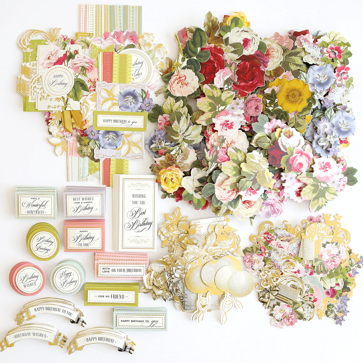 The Birthday Greetings Card Making Bundle features floral stickers, collage toppers, gold embellishments, and ribbon—ideal supplies for creating unique birthday cards.