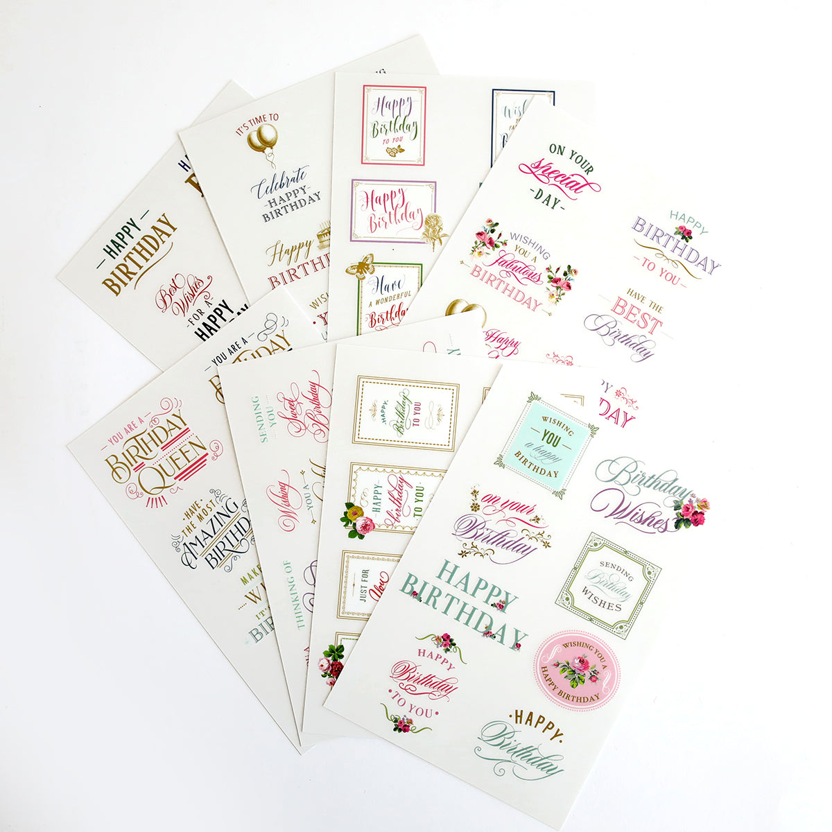 An array of assorted birthday cards featuring various designs, Birthday Sentiment Rub Ons, and typography styles displayed on a white background.