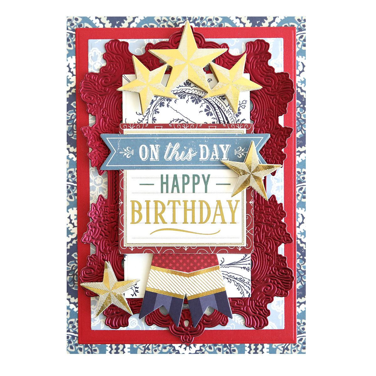 Handmade birthday card with ornate layers, featuring a central "happy birthday" message, decorative patterns, stars, and Birthday Sentiment Rub Ons.