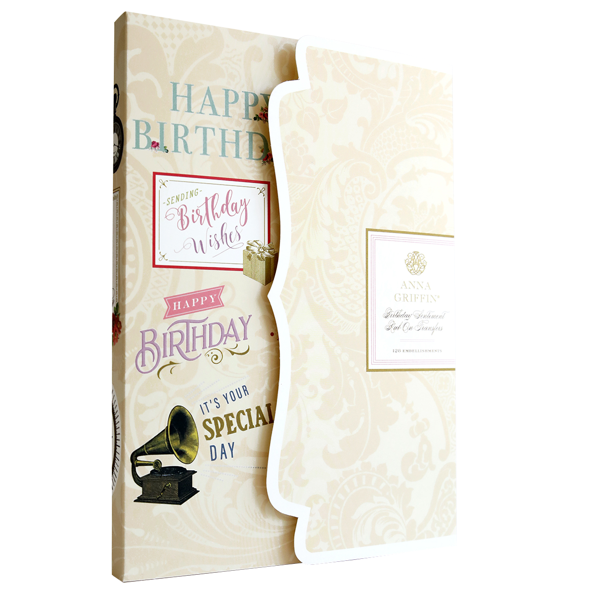 Decorative birthday card box set featuring elegant beige and pink designs with text "happy birthday" and a small black vintage camera decoration, enhanced with Birthday Sentiment Rub Ons.