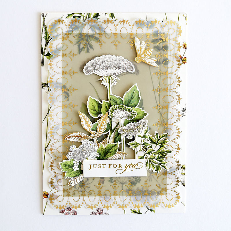 Introducing the Botanical 12x12 Cardstock— a decorative card adorned with botanical illustrations and butterfly accents. This high-quality cardstock features a scalloped border and an elegant message reading "Just for You.