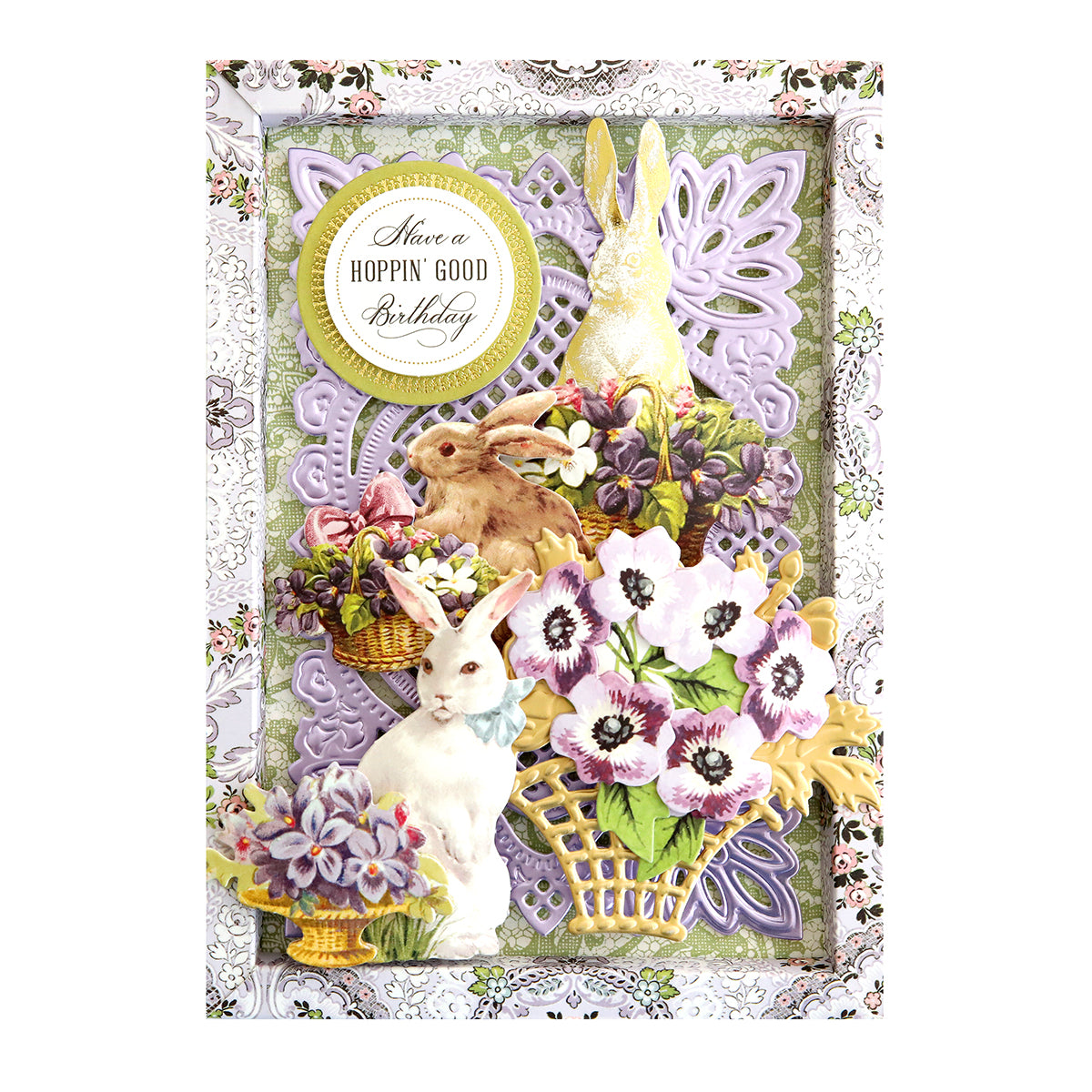 A card with Bunny Stickers and Sentiments, flowers, and Easter Bunny stickers.