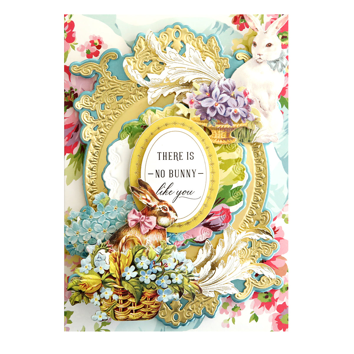 An Easter card with flowers and Bunny Stickers and Sentiments, embellished with Bunny Stickers and Sentiments.