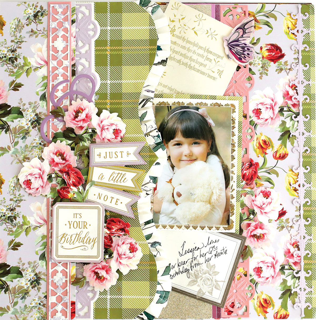 A decorative Crop at Home II Swag perfect for cardmaking, featuring a young girl holding a stuffed animal, surrounded by floral patterns, a butterfly illustration, and birthday messages.