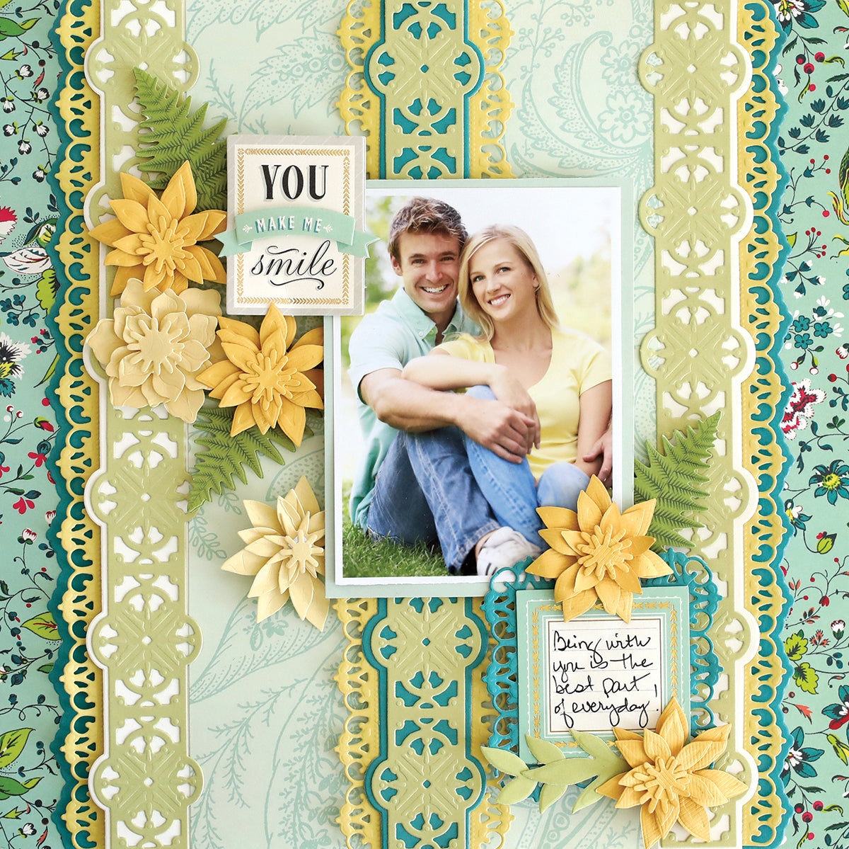 A couple sits together with smiles, surrounded by floral decorations and patterned borders. A sign reads "You make me smile," and a note says, "Being with you is the best part of every day." This charming scene is perfect inspiration for Crop at Home II Swag enthusiasts.