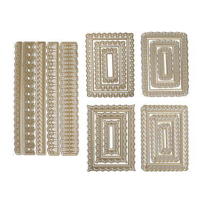 The Crop at Home 4 Scrapbook Collection features ornate gold rectangular lace designs, meticulously crafted from premium cardstock and organized into two sophisticated columns. Ideal for enthusiasts who take pleasure in crafting stunning die-cut titles during their Crop at Home sessions.