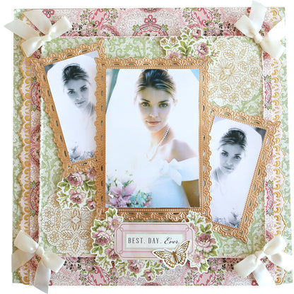 Scrapbook page featuring three photos of a bride with a floral and lace background, adorned with white bows and decorative flowers. The 3D Ribbon Frame Dies add an elegant touch, while the caption reads "Best. Day. Ever." with a butterfly illustration.