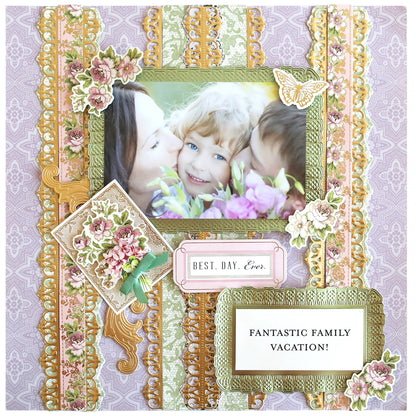 A scrapbook page featuring a photo of a smiling child being kissed by an adult. Decorative elements include florals, lace patterns, 3D Ribbon Frame Dies, and captions reading "Best. Day. Ever." and "Fantastic family vacation!" The card layer adds dimension and charm to the heartfelt scene.