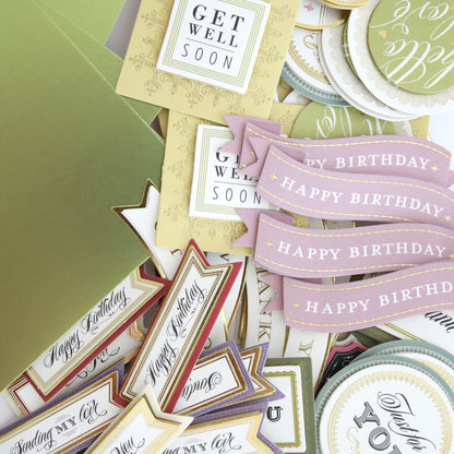 Create Supply Box includes matte foil cardstock greeting card tags with messages like "Get Well Soon," "Happy Birthday," and "Thank You"—ideal for event supplies or embellishing with 3D sentiment stickers.