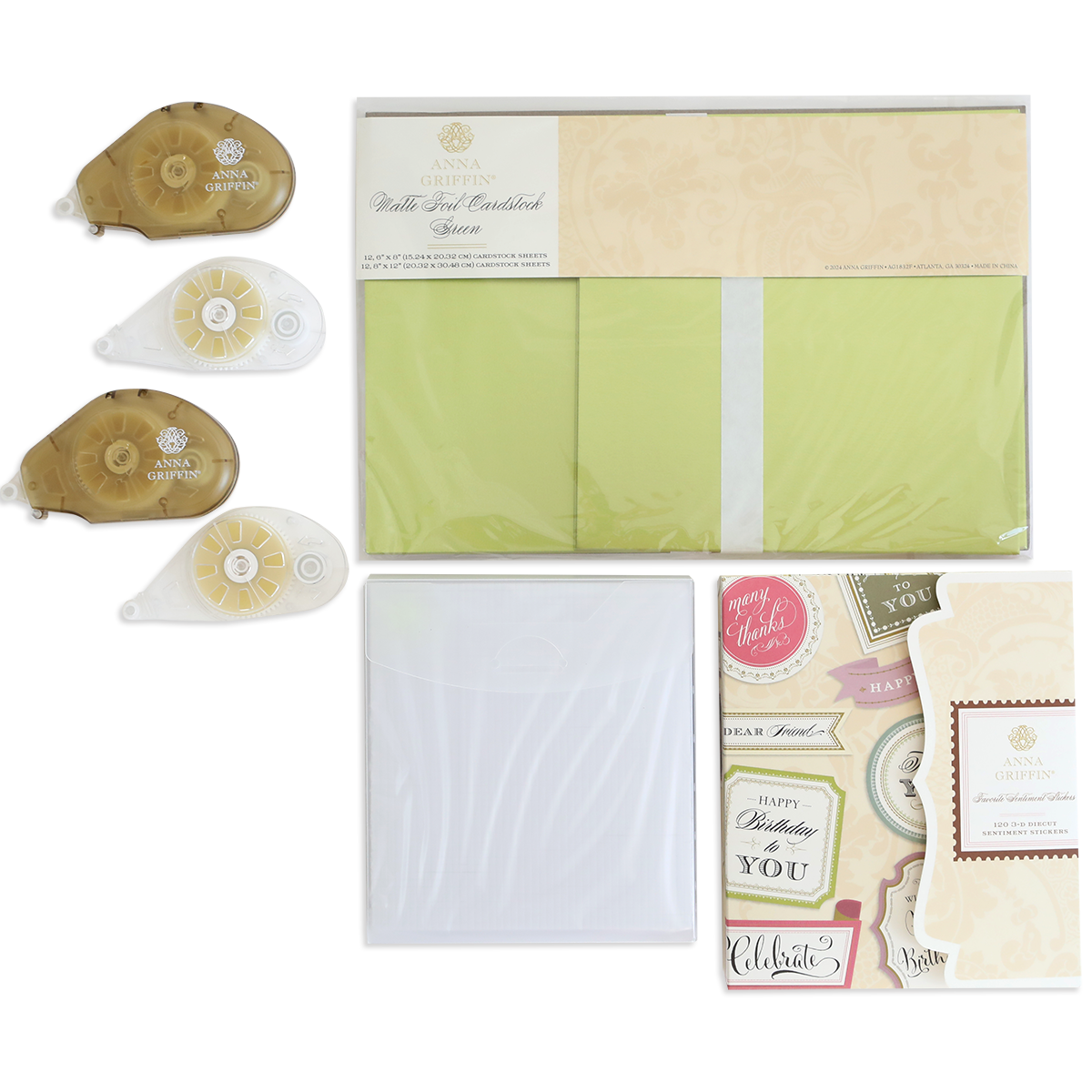 The Create Supply Box includes adhesive rollers, green Matte Foil Cardstock sheets, white envelopes, 3D Sentiment Stickers, and assorted label stickers arranged on a white background.