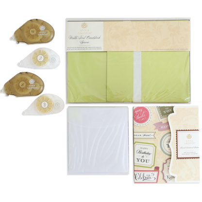The Create Supply Box includes adhesive rollers, green Matte Foil Cardstock sheets, white envelopes, 3D Sentiment Stickers, and assorted label stickers arranged on a white background.