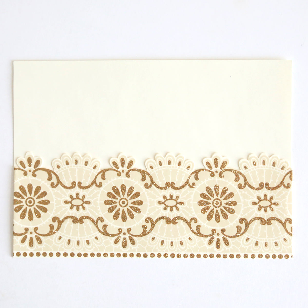 Cream-colored rectangular card with ornate gold floral and geometric design along the bottom—ideal for pairing with Gold Glitter Lace Pocket 10 pack for stylish wedding invitations or elegant event stationery.