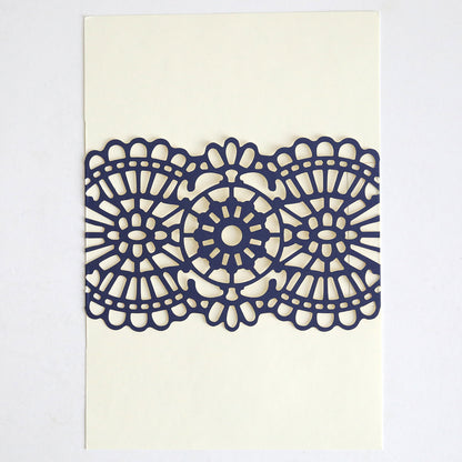 The Navy Lace Band 10 pack features cream cards with an intricate, symmetrical navy blue laser-cut lace pattern, ideal for elegant wedding invitations or adding sophisticated accents to your event stationery.