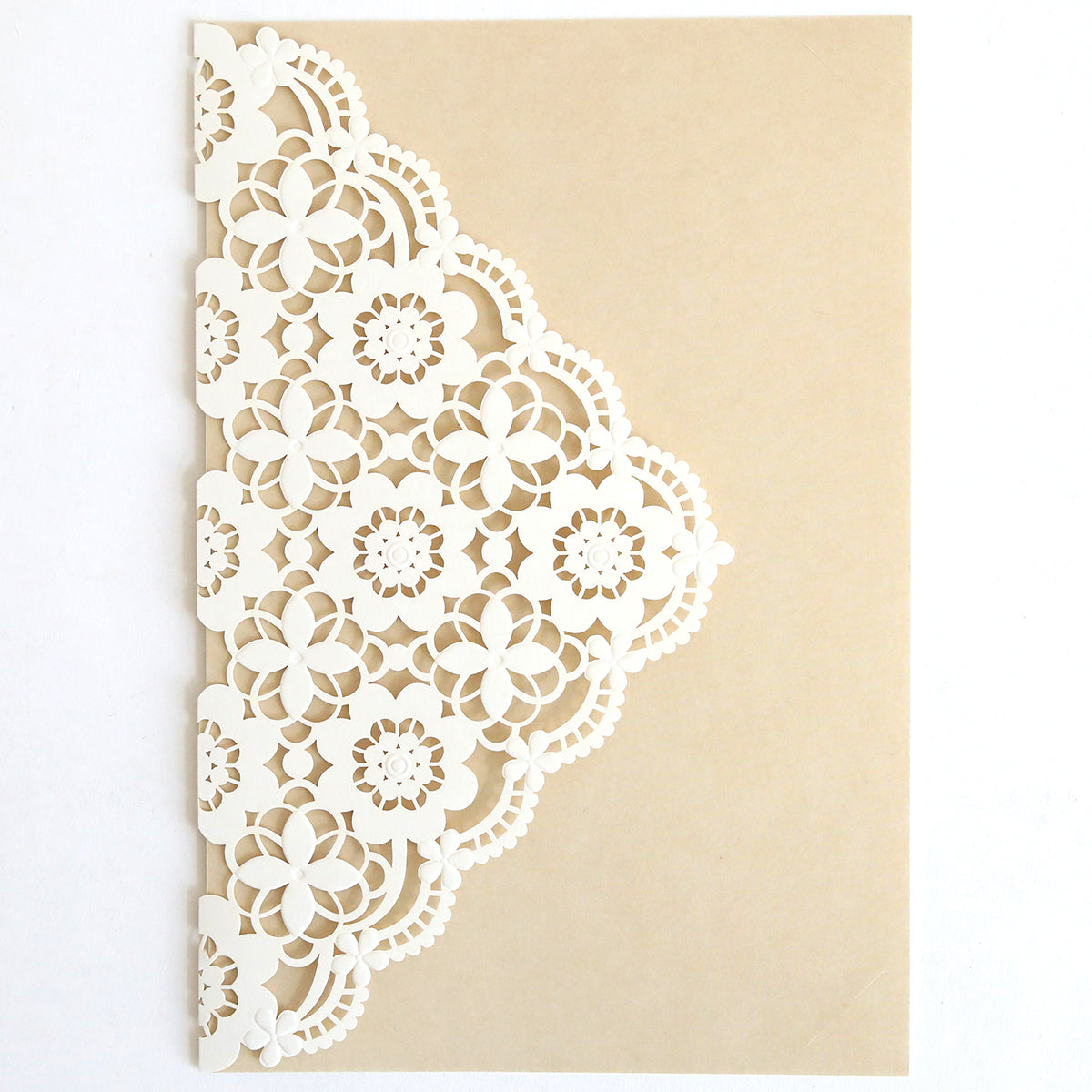 The Lace Laser Cut Invitation 10 pack features beige cards with an intricate white floral lace design on the left, ideal for wrapping elegant wedding invitations.