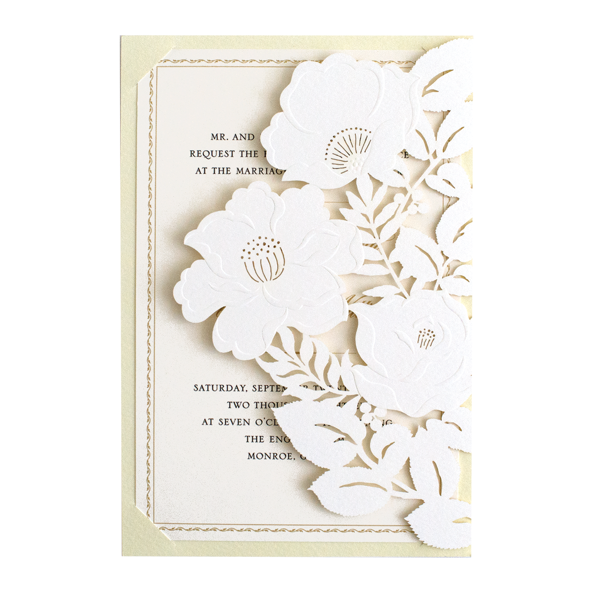 A wedding invitation with white flowers and a yellow background.