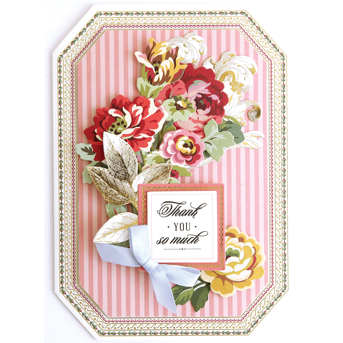 Simply Thank You Card Making Kits handmade card featuring pink vertical stripes, a floral bouquet, a light blue ribbon, and a square “Thank YOU so much” tag.