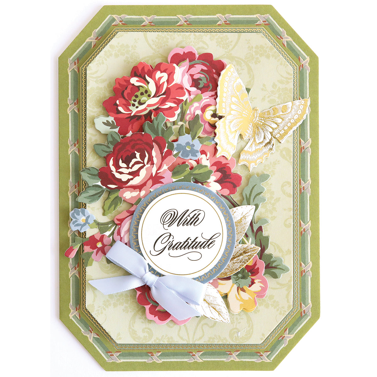 Featuring layered floral and butterfly designs, a blue bow, and a circular “With Gratitude” message on an ornate green and cream background, the Simply Gratitude Card Making Kit is perfect for creating your own handmade cards or enhancing your favorite gratitude card projects.