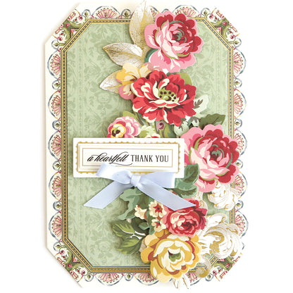 Add a touch of appreciation to your handmade card collection with the Simply Gratitude Card Making Kit, featuring vibrant red, pink, and yellow flowers, elegant gold leaves, a blue ribbon, and a label that reads “a beautiful THANK YOU” set against a charming green patterned background—perfect for crafting or pairing with your favorite supplies.