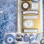 A blue and white card with a blue and white pattern.