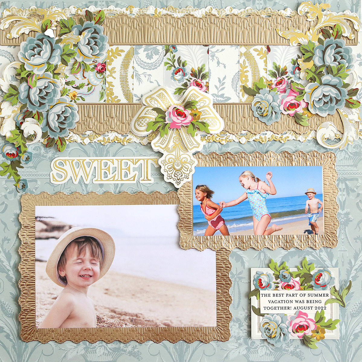 A decorative scrapbook page showcasing beach photos of smiling children, floral designs, and the captions "Sweet" and "The best part of summer vacation was being together August 2022," enhanced with touches of Champagne Matte Foil Cardstock.