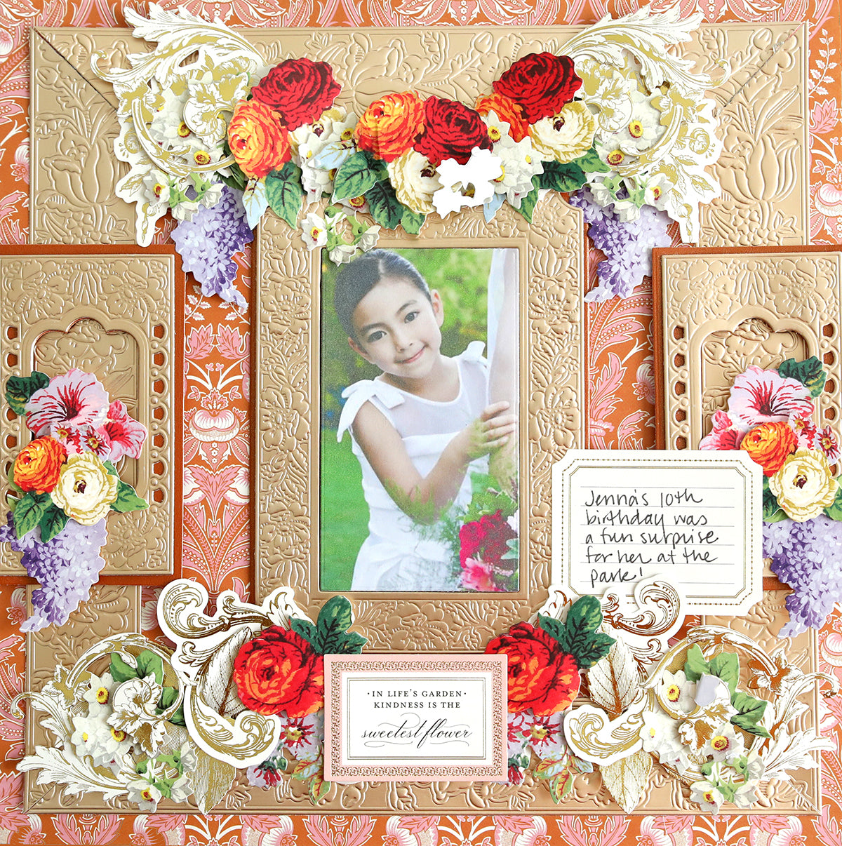 Decorative scrapbook page featuring a central photo of a young girl in a white dress, surrounded by floral embellishments crafted from Champagne Matte Foil Cardstock and text noting a surprise party at the park for Jenna's 10th birthday.