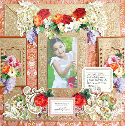 Decorative scrapbook page featuring a central photo of a young girl in a white dress, surrounded by floral embellishments crafted from Champagne Matte Foil Cardstock and text noting a surprise party at the park for Jenna's 10th birthday.