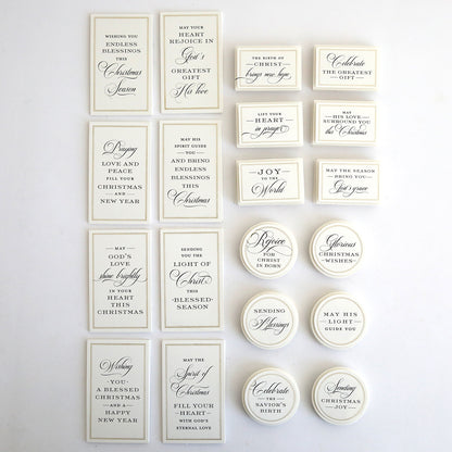 Christmas Blessings Sentiment Stickers: A set of rectangular and circular cards with holiday greetings and Christmas blessings in black text on white backgrounds.