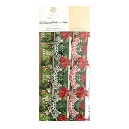 The Holiday Border Stickers are ideal for enhancing scrapbook pages or handmade cards, showcasing beautiful poinsettia designs and intricate lace patterns.