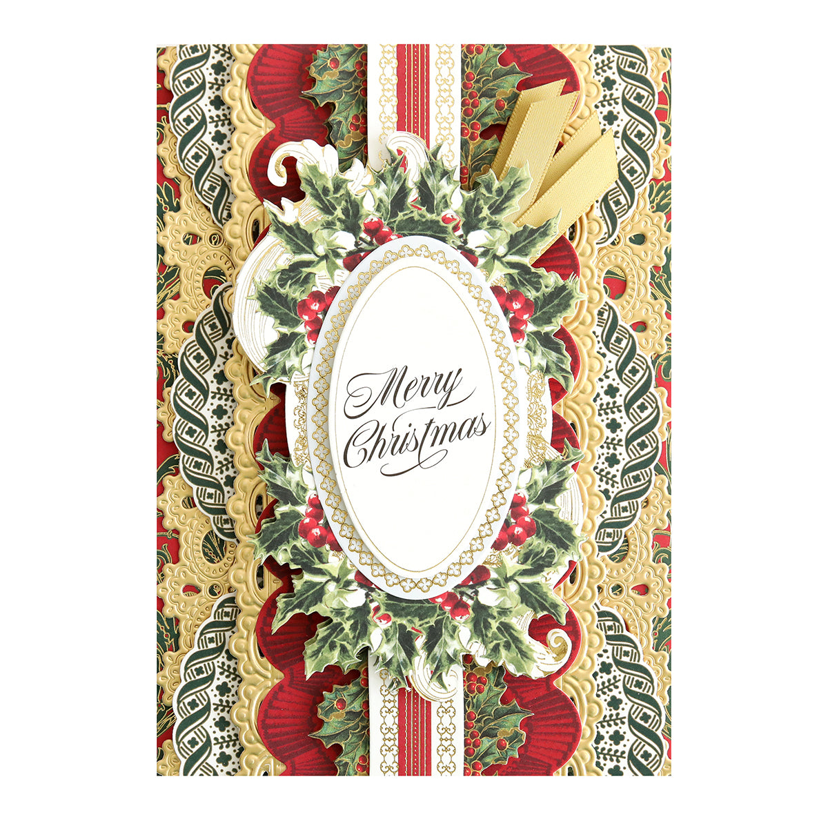 A festive "Holiday Border Stickers" set featuring intricate script that reads "Merry Christmas," adorned with holly and berries, set against a rich red and gold decorative background enhanced with ribbons, offering the charm of handmade designs.