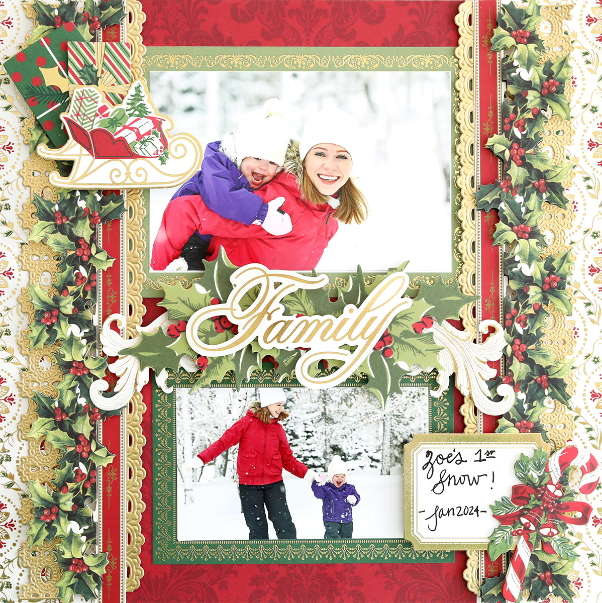 The winter-themed scrapbook page includes two photos of a woman and child having fun in the snow. Holiday Border Stickers featuring a sleigh, holly, and other festive designs enhance the charm. The text reads "Family" and "Zoe's 1st snow! Jan 2024.