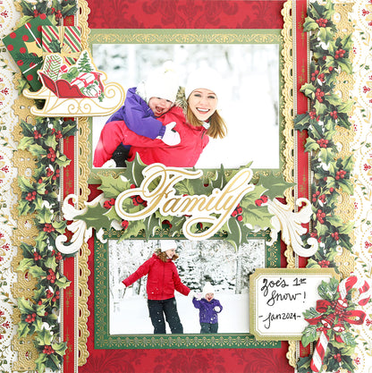 The winter-themed scrapbook page includes two photos of a woman and child having fun in the snow. Holiday Border Stickers featuring a sleigh, holly, and other festive designs enhance the charm. The text reads "Family" and "Zoe's 1st snow! Jan 2024.