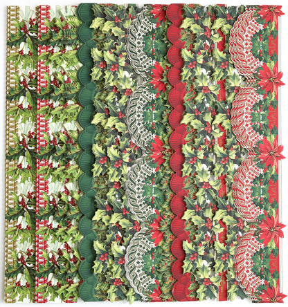 Introducing the Holiday Border Stickers, a delightful assortment of festive floral paper designs ideal for creating handmade cards or scrapbook pages. These stickers showcase poinsettias, holly, and lace patterns in vibrant shades of red, green, and white.